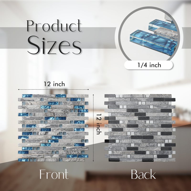 Blujellyfish Gray Marble Tile for Kitchen Backsplash 12 in. x 12 in. x 8 mm Teal Blue Glass Mosaic Bathroom Shower Wall Linear Tiles (Pack of 5 Sheets) - Image 2